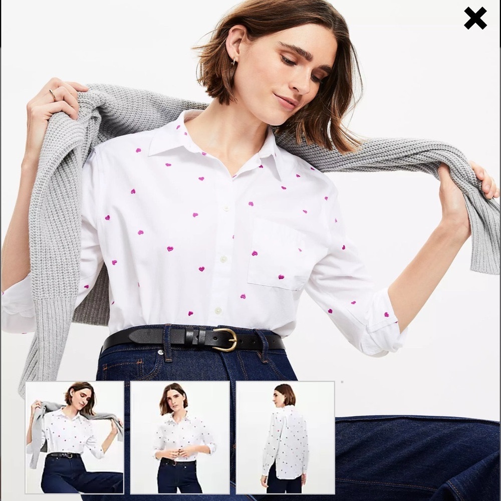 Loft Chic White Button-Down Shirt with Pink Heart Accents